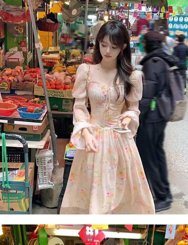 새로운 봄 가을 따뜻한 2026 롱 코트 광장 칼라 거품 소매 꽃무늬 긴팔 쉬폰 여성 드레스 여름 프랑스식 치마 상세 이미지 3