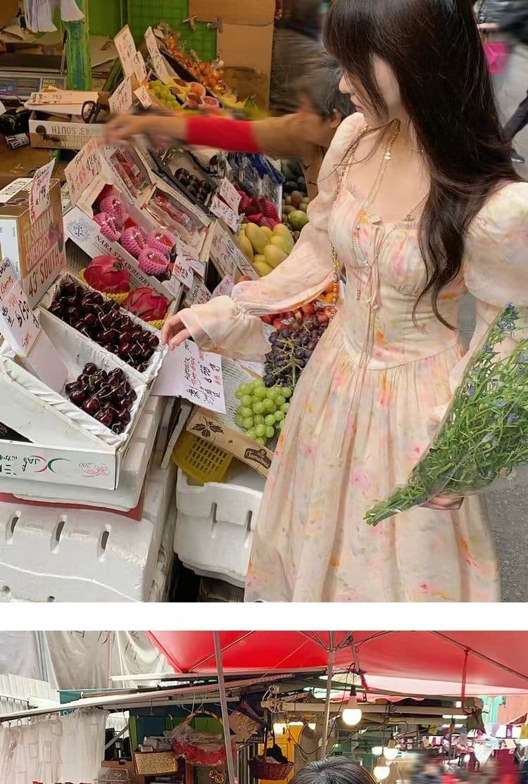 새로운 봄 가을 따뜻한 2026 롱 코트 광장 칼라 거품 소매 꽃무늬 긴팔 쉬폰 여성 드레스 여름 프랑스식 치마 상세 이미지 5