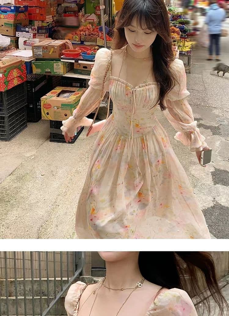 새로운 봄 가을 따뜻한 2026 롱 코트 광장 칼라 거품 소매 꽃무늬 긴팔 쉬폰 여성 드레스 여름 프랑스식 치마 상세 이미지 6