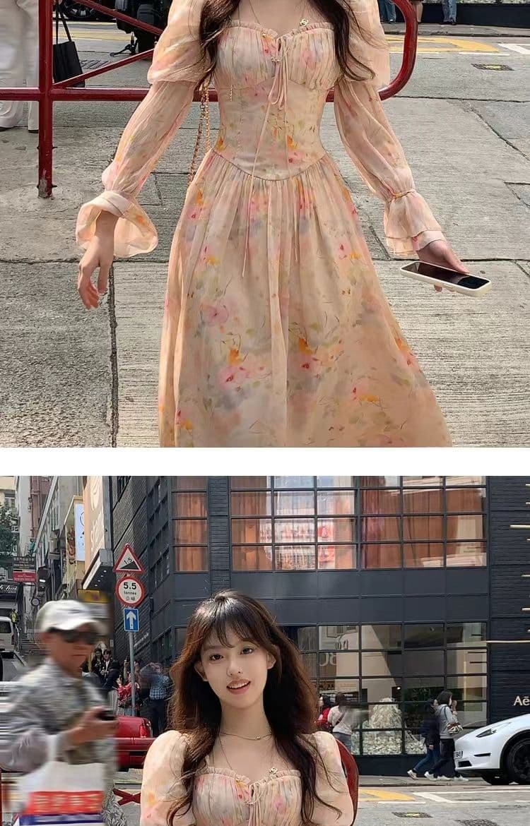 새로운 봄 가을 따뜻한 2026 롱 코트 광장 칼라 거품 소매 꽃무늬 긴팔 쉬폰 여성 드레스 여름 프랑스식 치마 상세 이미지 7