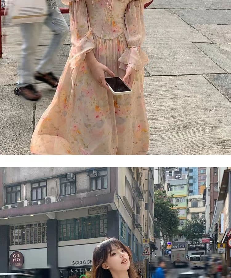 새로운 봄 가을 따뜻한 2026 롱 코트 광장 칼라 거품 소매 꽃무늬 긴팔 쉬폰 여성 드레스 여름 프랑스식 치마 상세 이미지 8