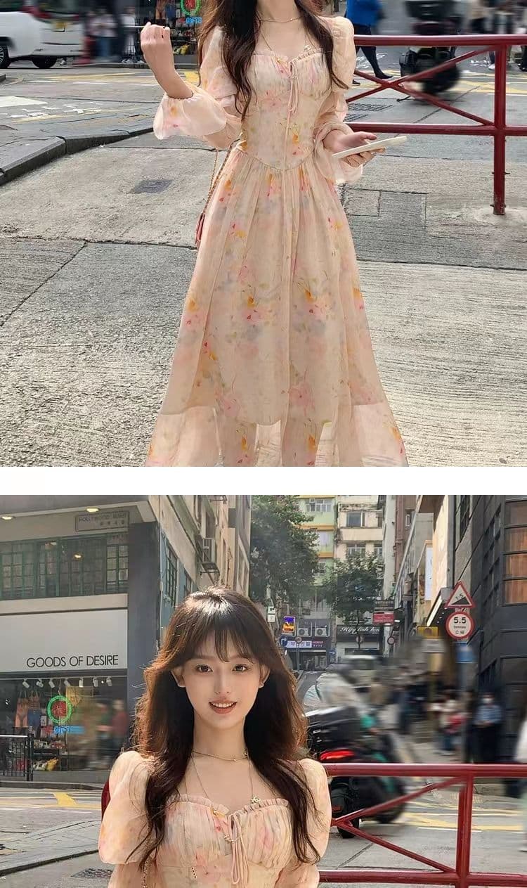 새로운 봄 가을 따뜻한 2026 롱 코트 광장 칼라 거품 소매 꽃무늬 긴팔 쉬폰 여성 드레스 여름 프랑스식 치마 상세 이미지 9
