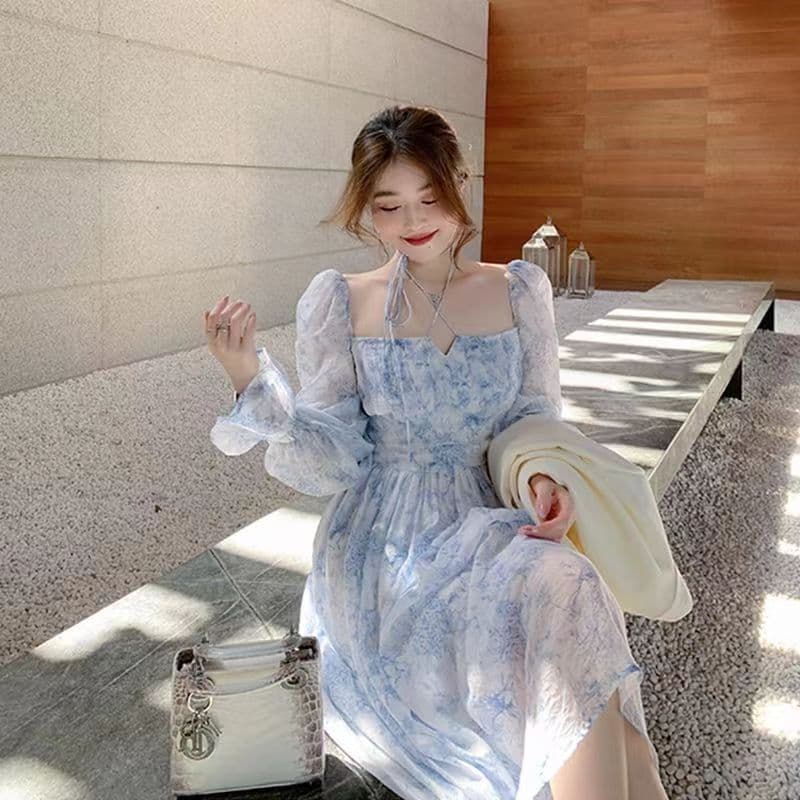 마이크로 지방 빛 럭셔리 맞춤 프랑스식 지방 mm 순수한 욕망 꽃무늬 드레스 패션 허리 수축 슬림해 보이는 고급 센스 치마 상세 이미지 2