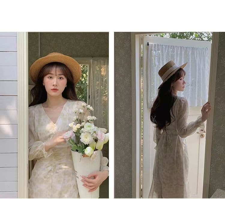 긴팔 여성 드레스 2026 가을 부드러운 품격 몸매 가꾸기 슬림해 보이는 꽃무늬 롱 코트 V넥 인어 꼬리 스커트 상세 이미지 10