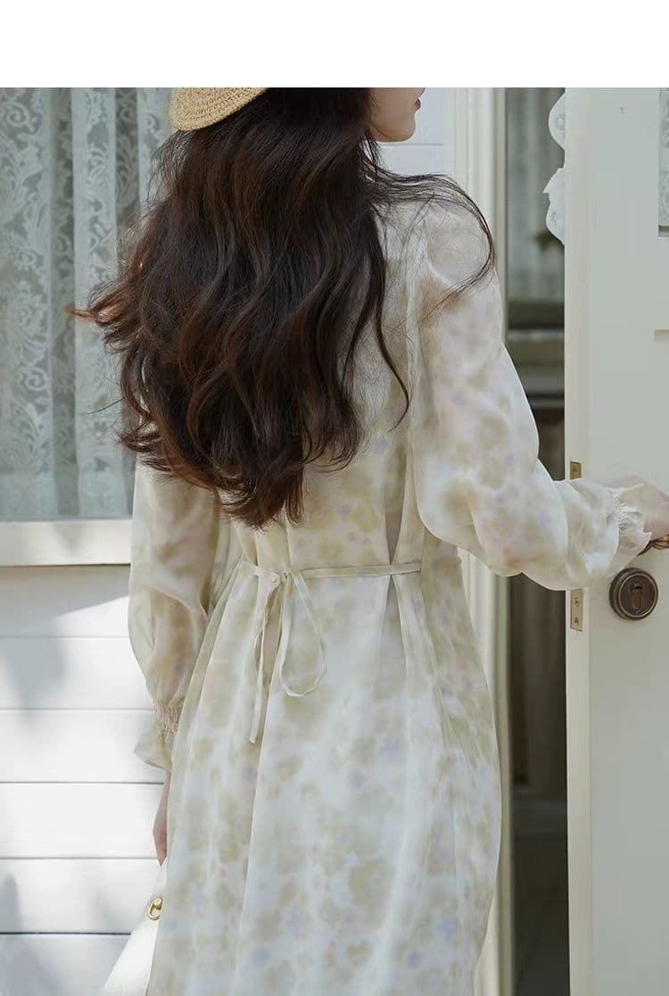 긴팔 여성 드레스 2026 가을 부드러운 품격 몸매 가꾸기 슬림해 보이는 꽃무늬 롱 코트 V넥 인어 꼬리 스커트 상세 이미지 14