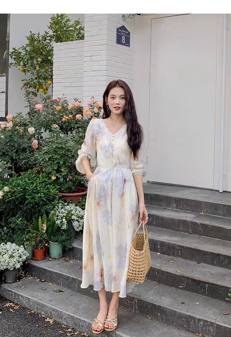 부드러운 바람 프린트 주간 실크 여성 드레스 2026 가을 프랑스식 디자인 센스 긴팔 몸매 가꾸기 롱 스커트 요정 상세 이미지 4