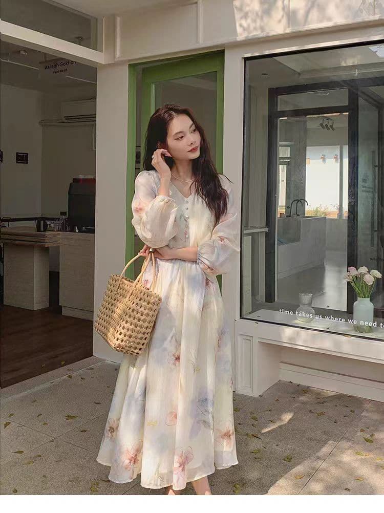 부드러운 바람 프린트 주간 실크 여성 드레스 2026 가을 프랑스식 디자인 센스 긴팔 몸매 가꾸기 롱 스커트 요정 상세 이미지 7