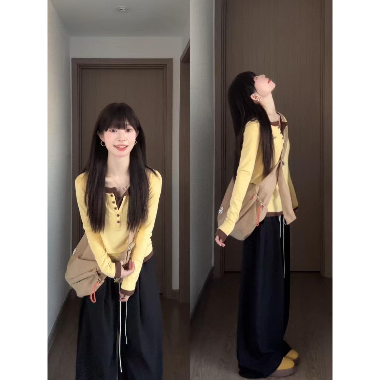 자이언트 잘 생긴 ~ 중 이른 가을 전체 집합 한 부서 페이크 레이어드 긴팔 티셔츠 레이스 와이드 레그 팬츠 세트 여성 가을 새로운 이미지 3