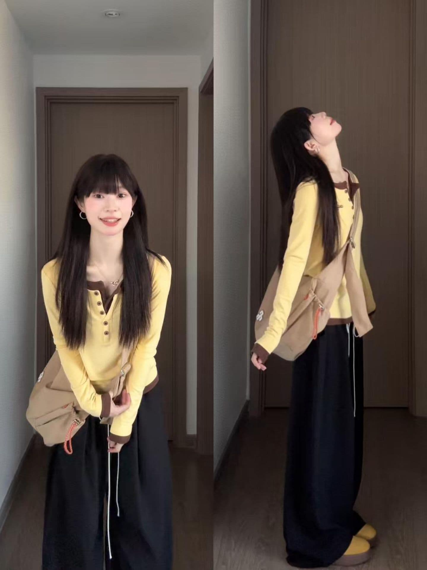 자이언트 잘 생긴 ~ 중 이른 가을 전체 집합 한 부서 페이크 레이어드 긴팔 티셔츠 레이스 와이드 레그 팬츠 세트 여성 가을 새로운 상세 이미지 2