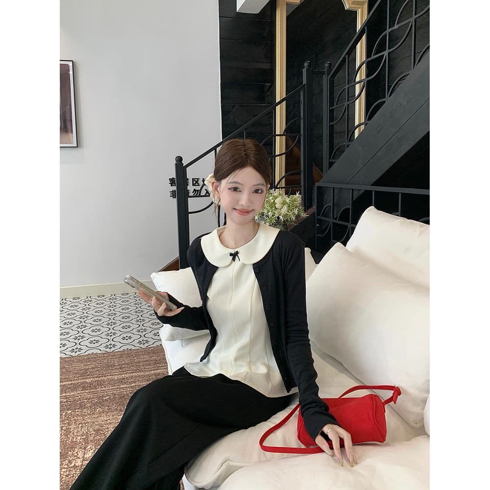 달콤한 스타일 세트 긴팔 오픈 가디건 여성 코트 베이비 칼라 조끼 가을 검정색 와이드 레그 팬츠 miu 부서 3종 세트 이미지 5