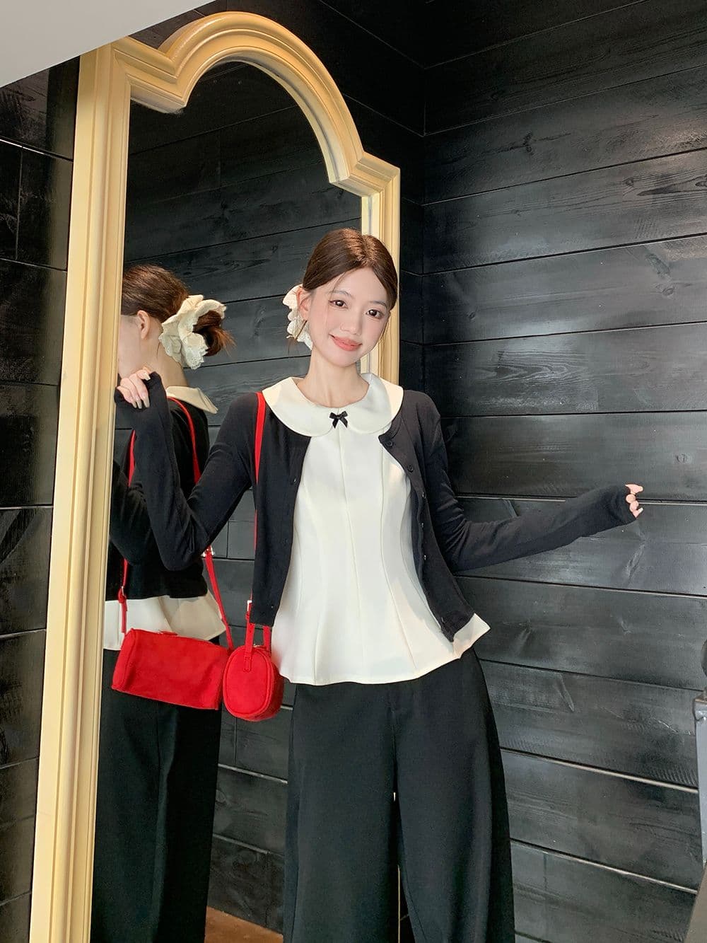 달콤한 스타일 세트 긴팔 오픈 가디건 여성 코트 베이비 칼라 조끼 가을 검정색 와이드 레그 팬츠 miu 부서 3종 세트 상세 이미지 4