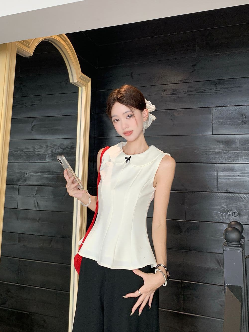 달콤한 스타일 세트 긴팔 오픈 가디건 여성 코트 베이비 칼라 조끼 가을 검정색 와이드 레그 팬츠 miu 부서 3종 세트 상세 이미지 6