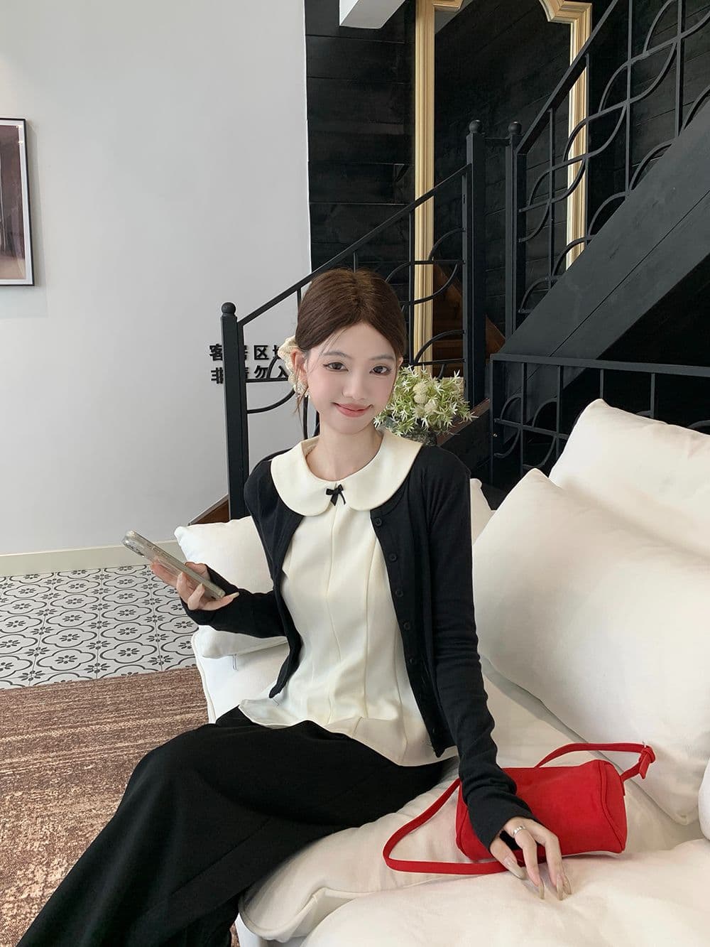 달콤한 스타일 세트 긴팔 오픈 가디건 여성 코트 베이비 칼라 조끼 가을 검정색 와이드 레그 팬츠 miu 부서 3종 세트 상세 이미지 8
