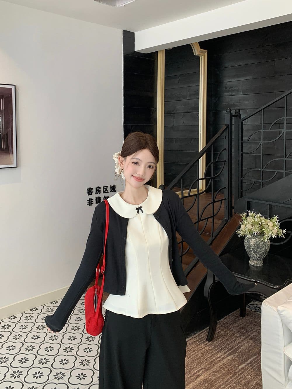 달콤한 스타일 세트 긴팔 오픈 가디건 여성 코트 베이비 칼라 조끼 가을 검정색 와이드 레그 팬츠 miu 부서 3종 세트 상세 이미지 10