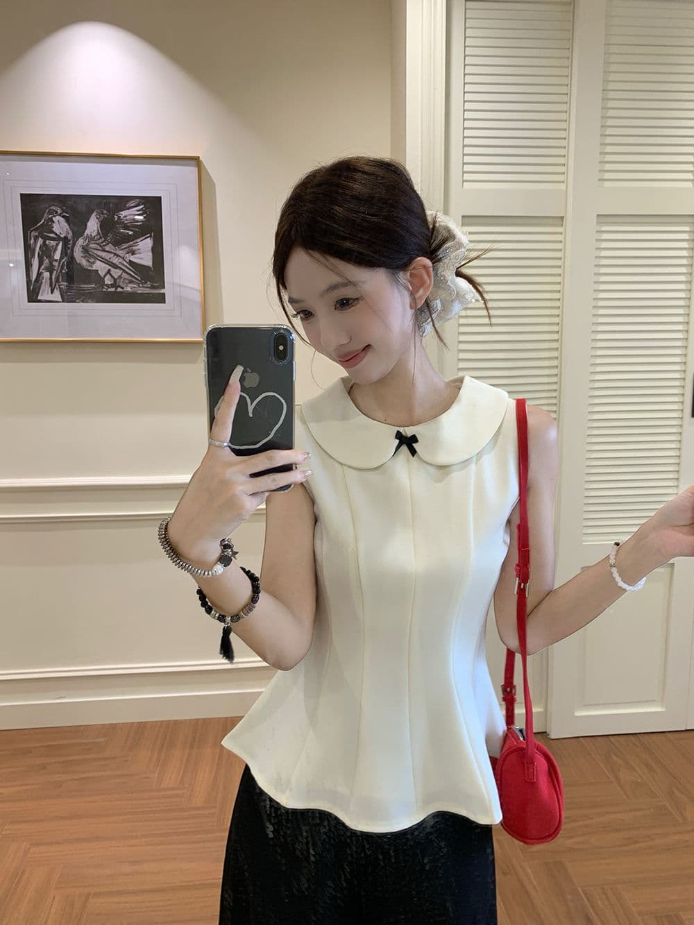 달콤한 스타일 세트 긴팔 오픈 가디건 여성 코트 베이비 칼라 조끼 가을 검정색 와이드 레그 팬츠 miu 부서 3종 세트 상세 이미지 11