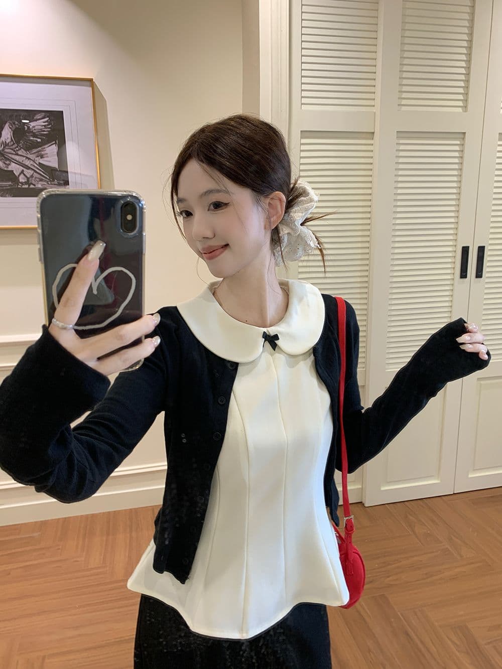 달콤한 스타일 세트 긴팔 오픈 가디건 여성 코트 베이비 칼라 조끼 가을 검정색 와이드 레그 팬츠 miu 부서 3종 세트 상세 이미지 12