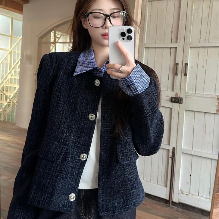 한 부서 페이크 레이어드 패치워크 폴로 칼라 작은 샤넬 스타일 여성 코트 가을 새로운 루즈핏 캐주얼 쇼트 스타일 재킷 맨위 트렌디 이미지 2