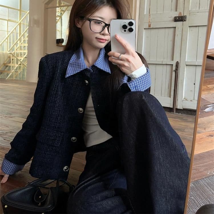 한 부서 페이크 레이어드 패치워크 폴로 칼라 작은 샤넬 스타일 여성 코트 가을 새로운 루즈핏 캐주얼 쇼트 스타일 재킷 맨위 트렌디 이미지 3