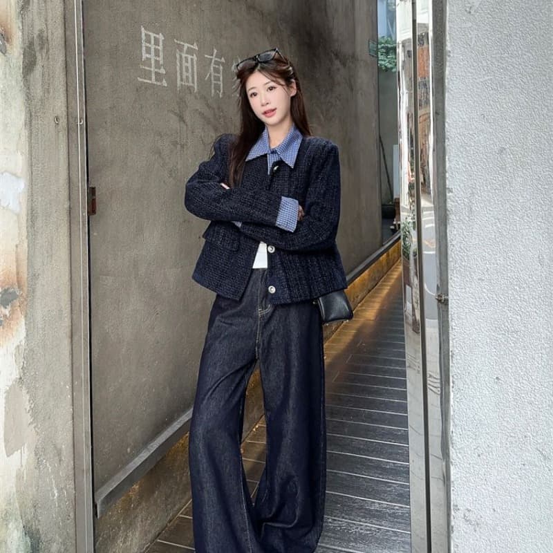 한 부서 페이크 레이어드 패치워크 폴로 칼라 작은 샤넬 스타일 여성 코트 가을 새로운 루즈핏 캐주얼 쇼트 스타일 재킷 맨위 트렌디 이미지 5