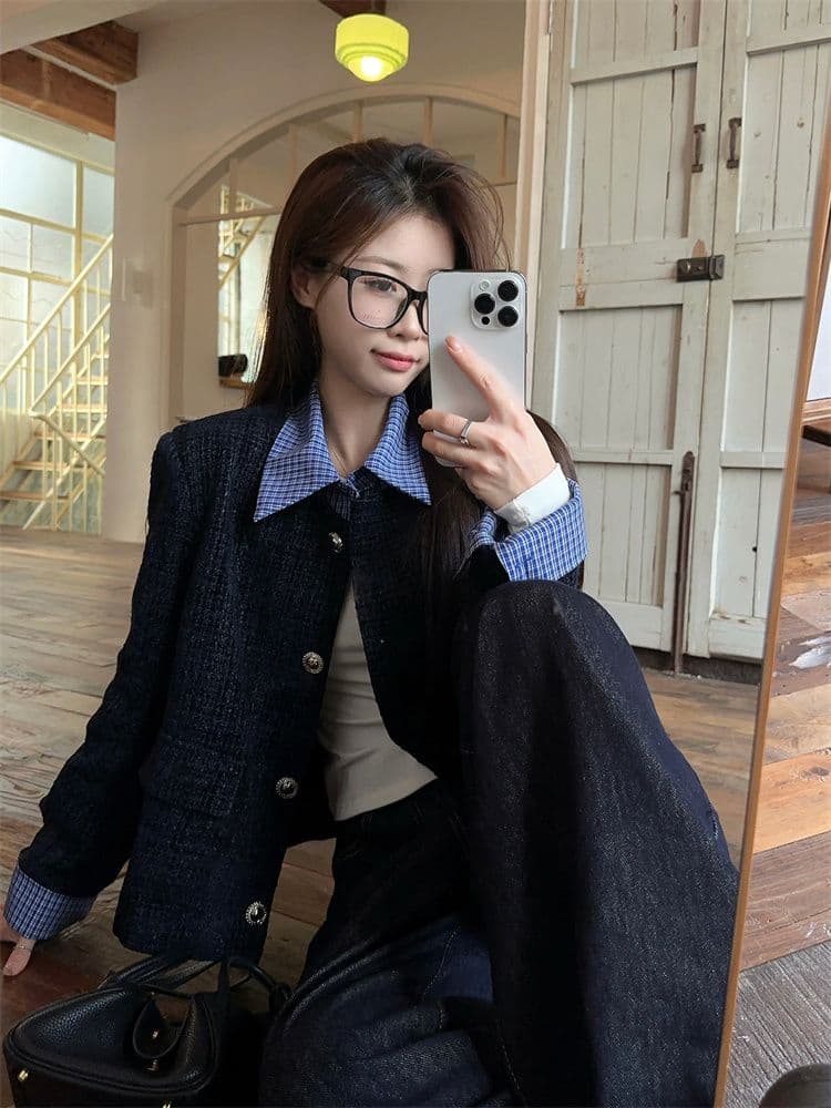 한 부서 페이크 레이어드 패치워크 폴로 칼라 작은 샤넬 스타일 여성 코트 가을 새로운 루즈핏 캐주얼 쇼트 스타일 재킷 맨위 트렌디 상세 이미지 4