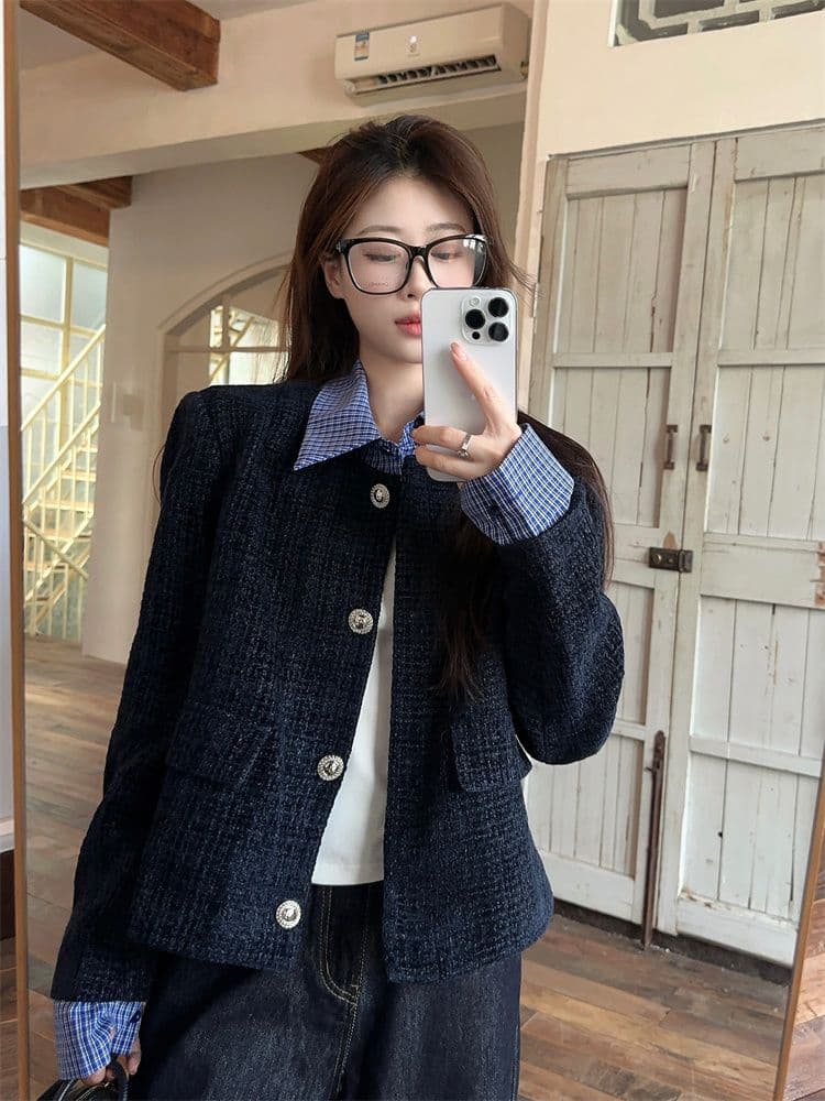 한 부서 페이크 레이어드 패치워크 폴로 칼라 작은 샤넬 스타일 여성 코트 가을 새로운 루즈핏 캐주얼 쇼트 스타일 재킷 맨위 트렌디 상세 이미지 5