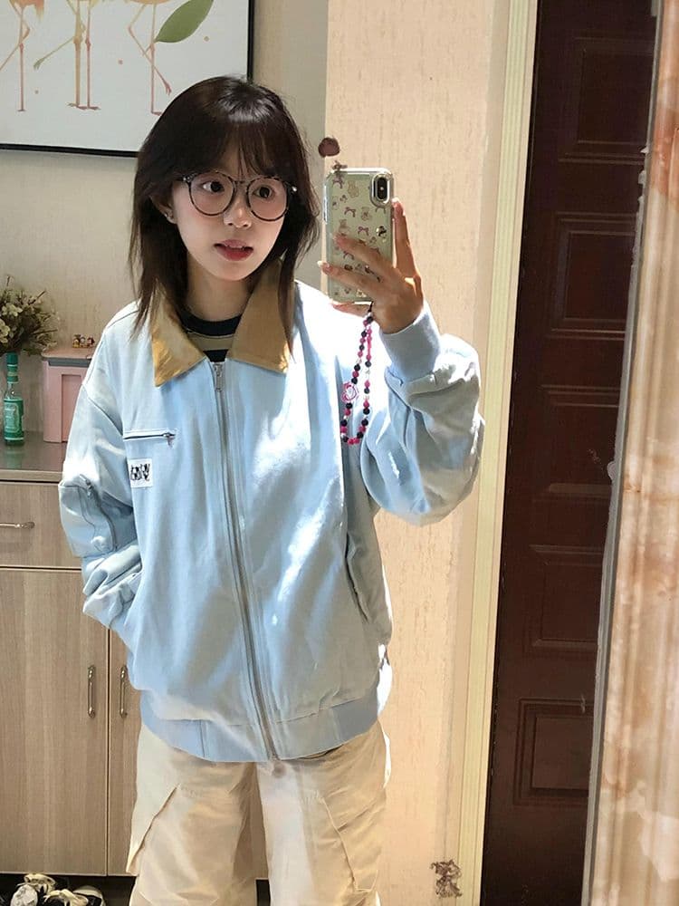 아메리칸 레트로 여성 코트 봄 가을 2026 새로운 조수 브랜드 배색 폴로 칼라 루즈핏 커플 재킷 야구 유니폼 오픈 가디건 상세 이미지 4