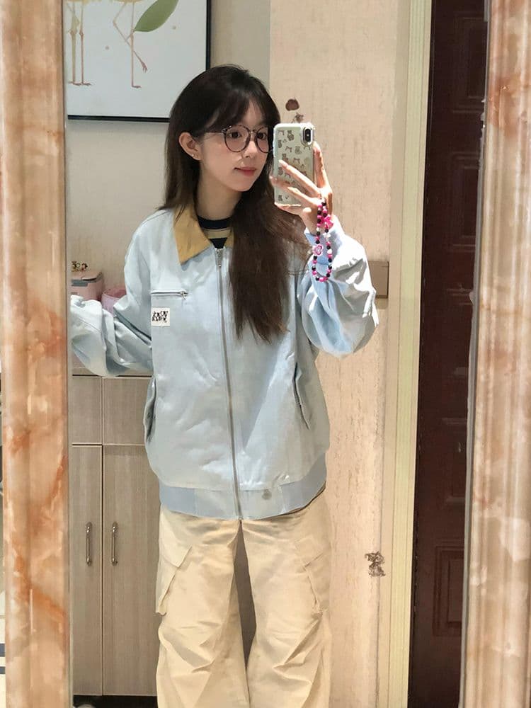 아메리칸 레트로 여성 코트 봄 가을 2026 새로운 조수 브랜드 배색 폴로 칼라 루즈핏 커플 재킷 야구 유니폼 오픈 가디건 상세 이미지 5