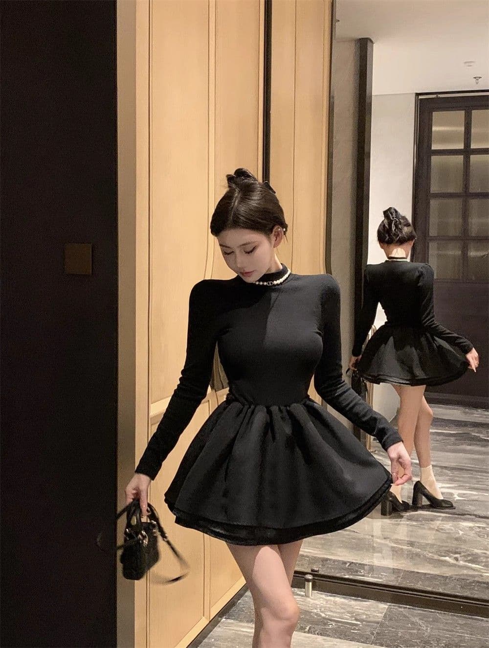 260 그램 사람들 면 리브 3층 치마 천 금빛 바람 품격 작은 검은 드레스 공주 새로운 코트 퍼프 스커트 상세 이미지 3
