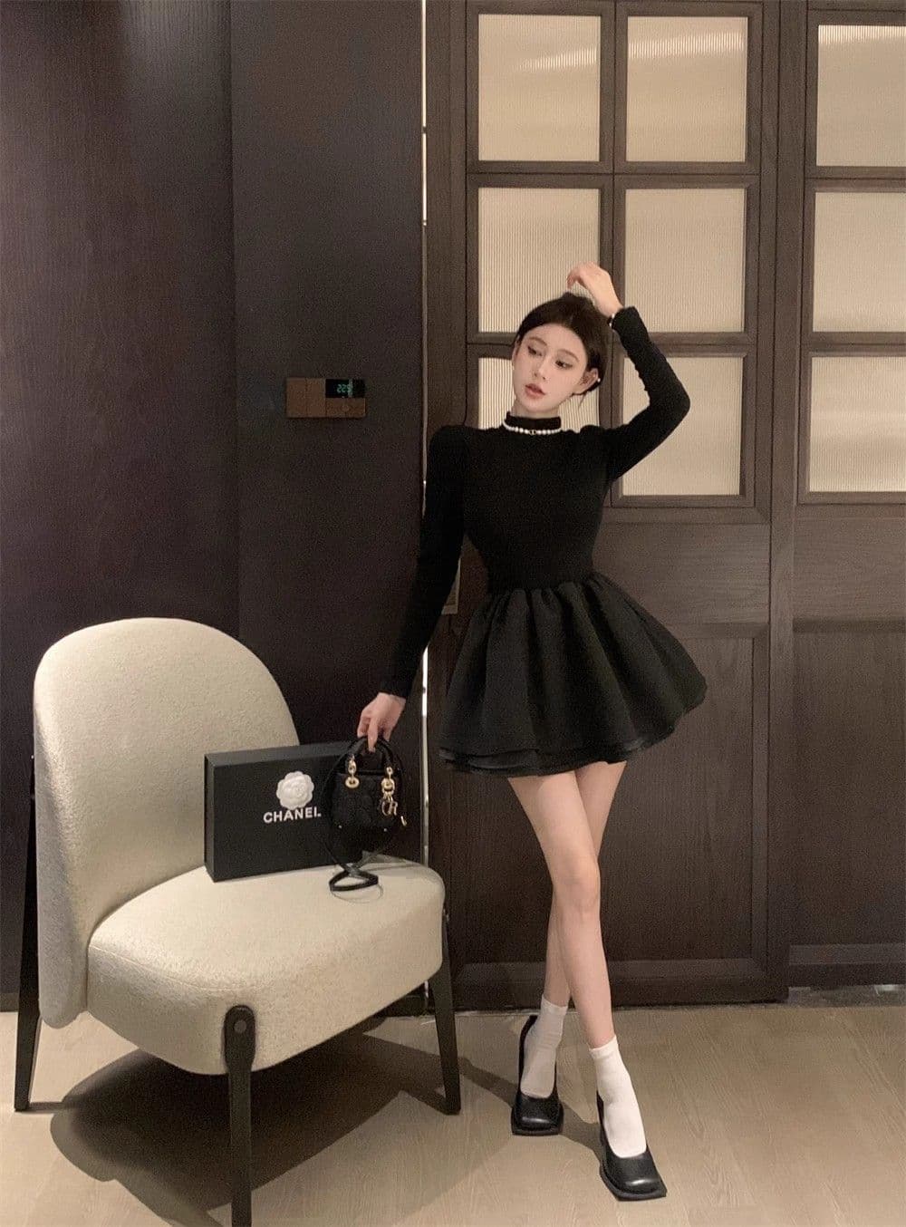 260 그램 사람들 면 리브 3층 치마 천 금빛 바람 품격 작은 검은 드레스 공주 새로운 코트 퍼프 스커트 상세 이미지 4