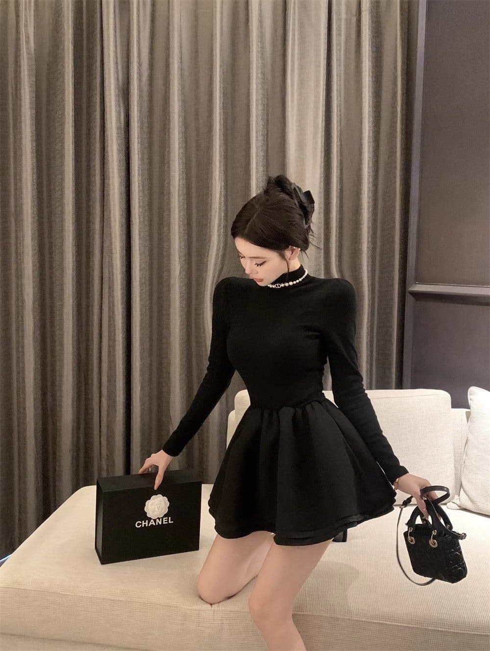 260 그램 사람들 면 리브 3층 치마 천 금빛 바람 품격 작은 검은 드레스 공주 새로운 코트 퍼프 스커트 상세 이미지 5