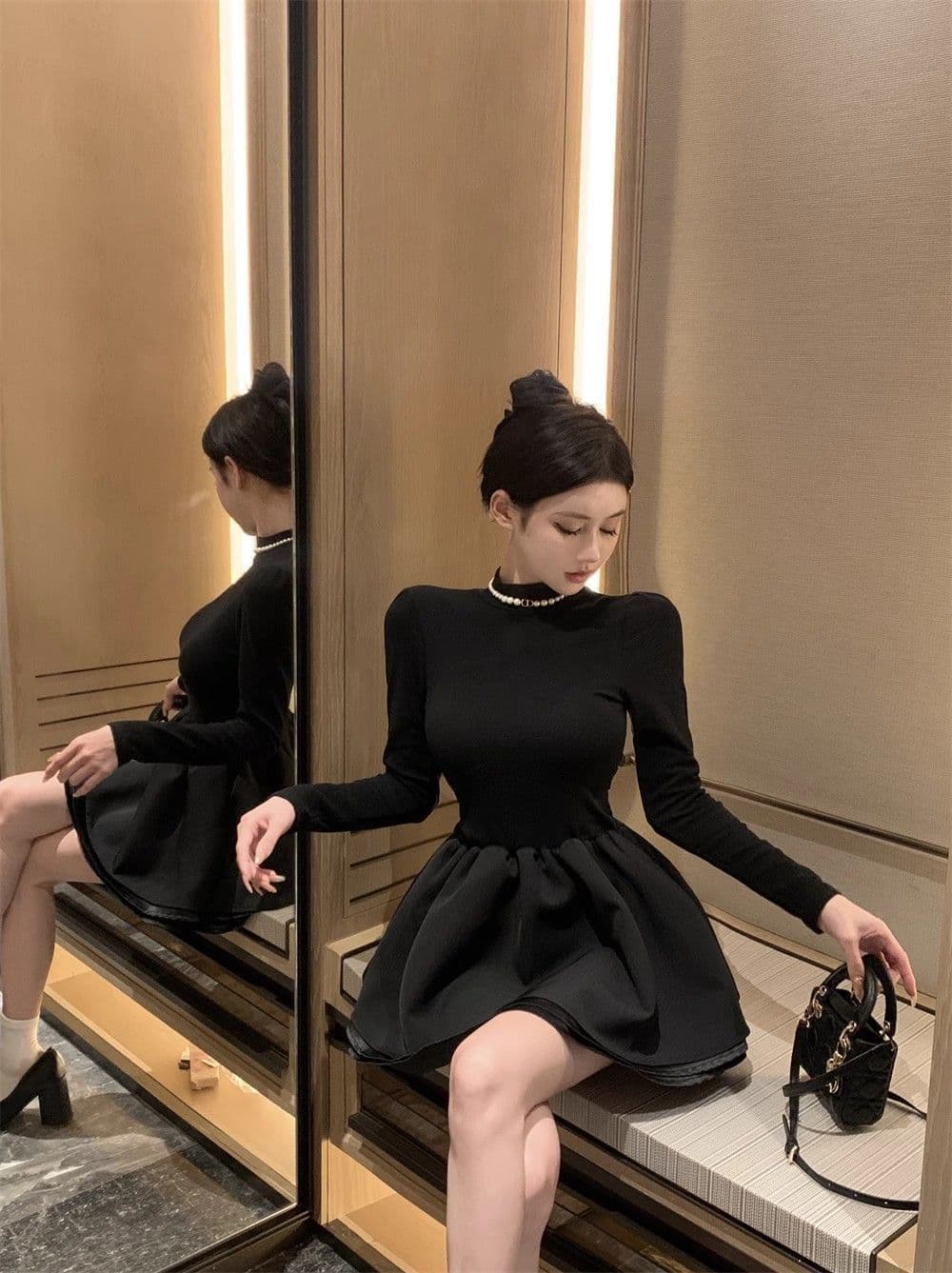 260 그램 사람들 면 리브 3층 치마 천 금빛 바람 품격 작은 검은 드레스 공주 새로운 코트 퍼프 스커트 상세 이미지 8