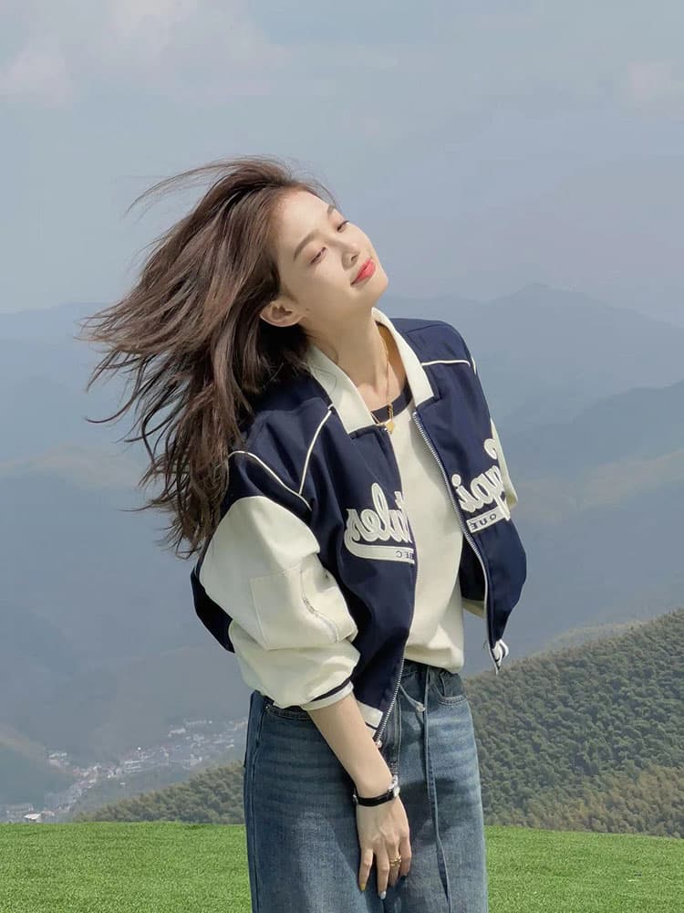 아메리칸 복잡한 고대 국가 트렌디 패치워크 배색 쇼트 스타일 야구 유니폼 이른 봄 긴팔 캐주얼 느긋한 학원 여성 코트 이미지 3