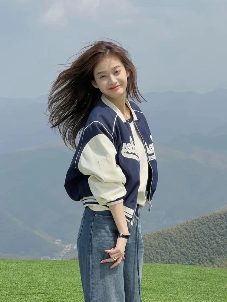아메리칸 복잡한 고대 국가 트렌디 패치워크 배색 쇼트 스타일 야구 유니폼 이른 봄 긴팔 캐주얼 느긋한 학원 여성 코트 상세 이미지 4