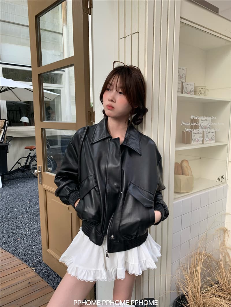 레트로 아메리칸 커피 색상 가죽 재킷 재킷 여성 코트 이른 가을 검정색 달콤한 차가운 바람 오토바이 PU 가죽 루즈핏 긴팔 맨위 이미지 3