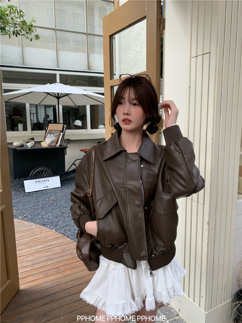레트로 아메리칸 커피 색상 가죽 재킷 재킷 여성 코트 이른 가을 검정색 달콤한 차가운 바람 오토바이 PU 가죽 루즈핏 긴팔 맨위 상세 이미지 6