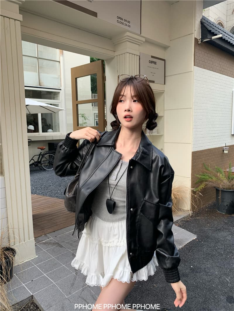레트로 아메리칸 커피 색상 가죽 재킷 재킷 여성 코트 이른 가을 검정색 달콤한 차가운 바람 오토바이 PU 가죽 루즈핏 긴팔 맨위 상세 이미지 14
