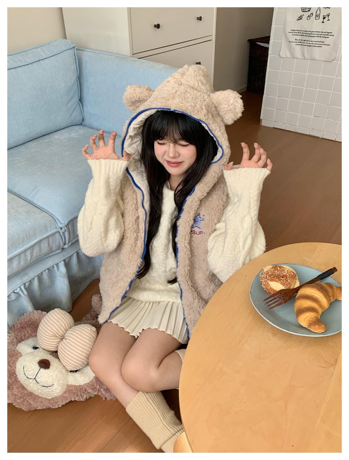 실사 귀여운 작은 곰 귀 후드 베스트 여성 코트 가을 겨울 새로운 루즈핏 슬림해 보이는 작은 키 민소매 조끼 상세 이미지 19