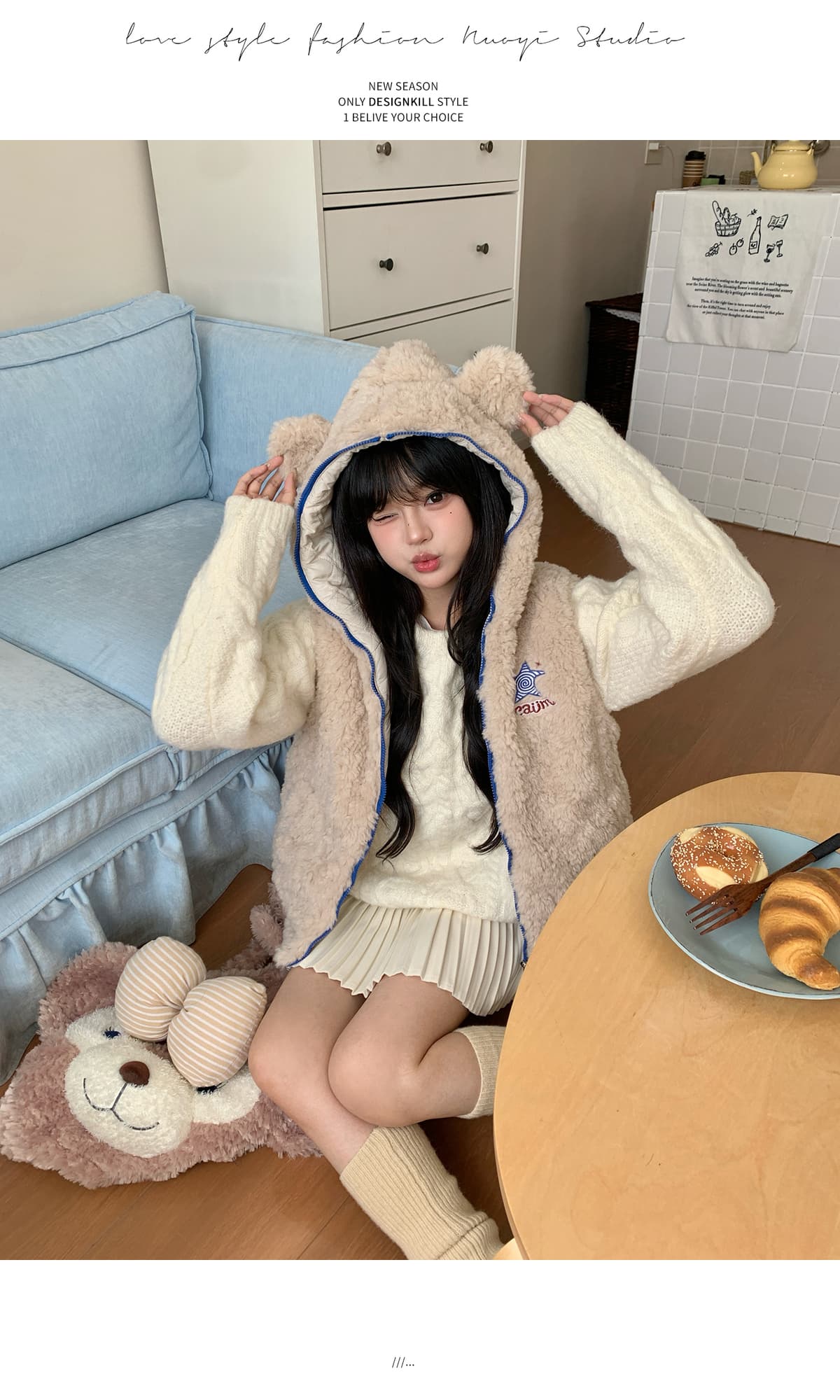 실사 귀여운 작은 곰 귀 후드 베스트 여성 코트 가을 겨울 새로운 루즈핏 슬림해 보이는 작은 키 민소매 조끼 상세 이미지 20