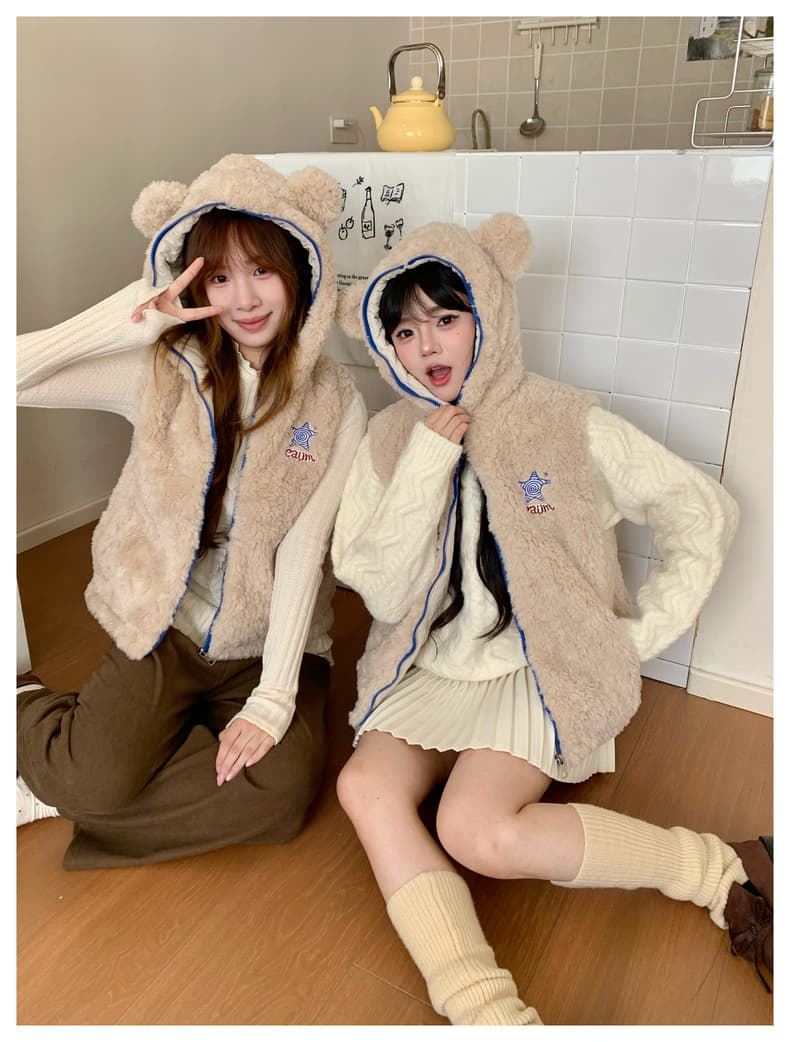 실사 귀여운 작은 곰 귀 후드 베스트 여성 코트 가을 겨울 새로운 루즈핏 슬림해 보이는 작은 키 민소매 조끼 상세 이미지 37