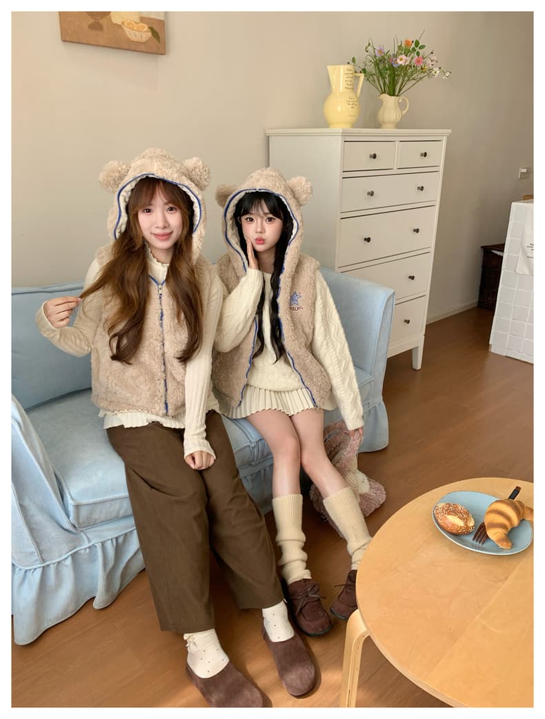 실사 귀여운 작은 곰 귀 후드 베스트 여성 코트 가을 겨울 새로운 루즈핏 슬림해 보이는 작은 키 민소매 조끼 상세 이미지 40
