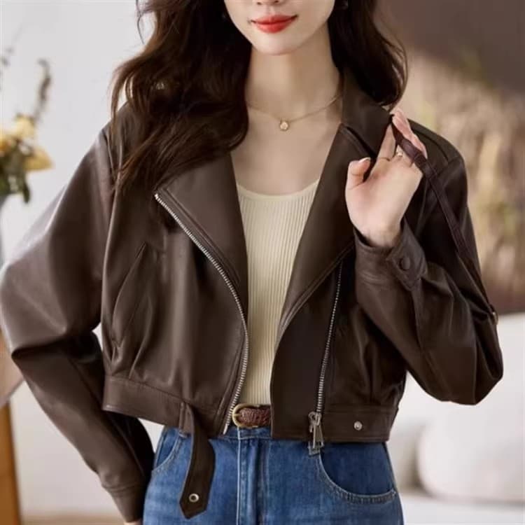 가을 겨울 패션 다용도 쇼트 스타일 작은 가죽 재킷 커피 색상 폴로 칼라 오토바이 외투 디자인 센스 PU 가죽 자켓 트렌디 상세 이미지 4