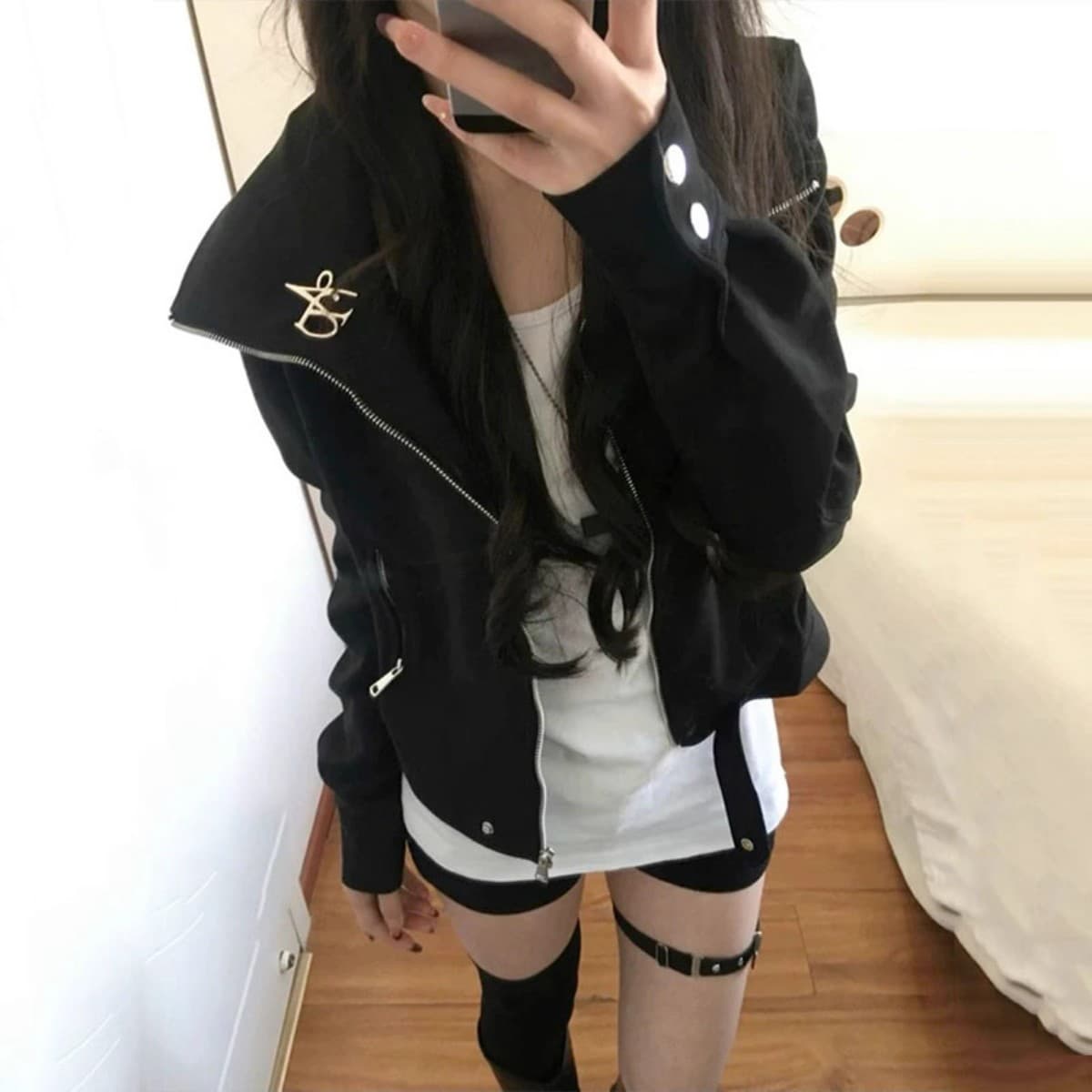 가을 아메리칸 레트로 이른 가을 외국 가스 검정색 쇼트 스타일 폴로 칼라 스웨이드 재킷 여자 작은 키 재킷 가을 겨울