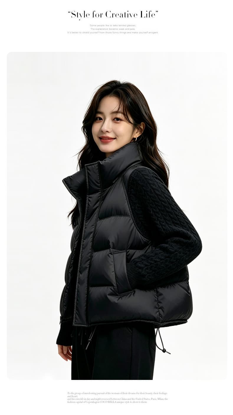 2026 겨울 새로운 스탠드 칼라 니트 슬리브 패치워크 다운 재킷 여성 짧은 작은 키 두꺼운 트렌디 재킷 상세 이미지 18