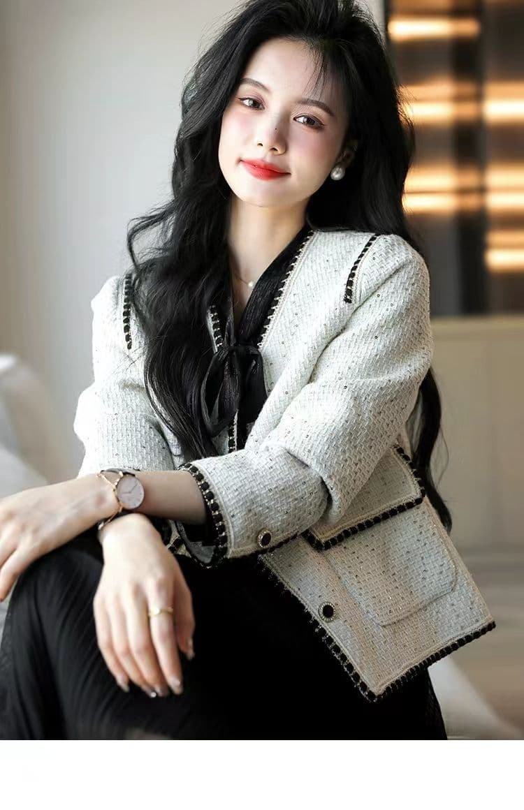 명문 여성 요정 가스 2026 봄 새로운 샤오시엔 명문 여성 바람 품격 우아함 스팽글 짧은 외투 미니멀리즘 패션 상세 이미지 1