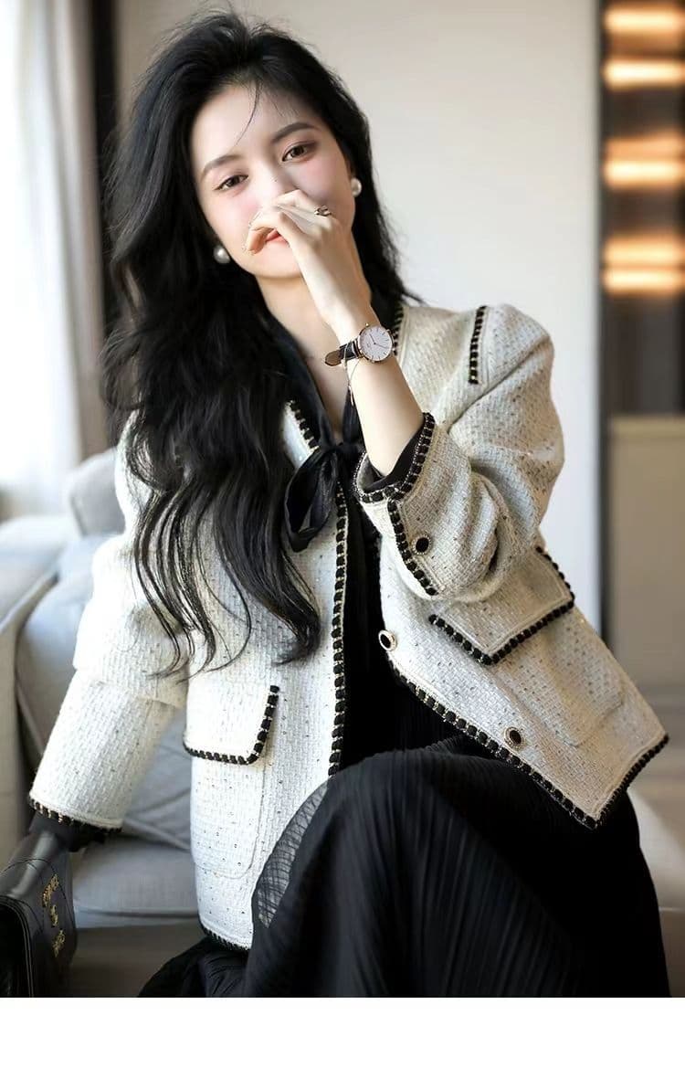 명문 여성 요정 가스 2026 봄 새로운 샤오시엔 명문 여성 바람 품격 우아함 스팽글 짧은 외투 미니멀리즘 패션 상세 이미지 4