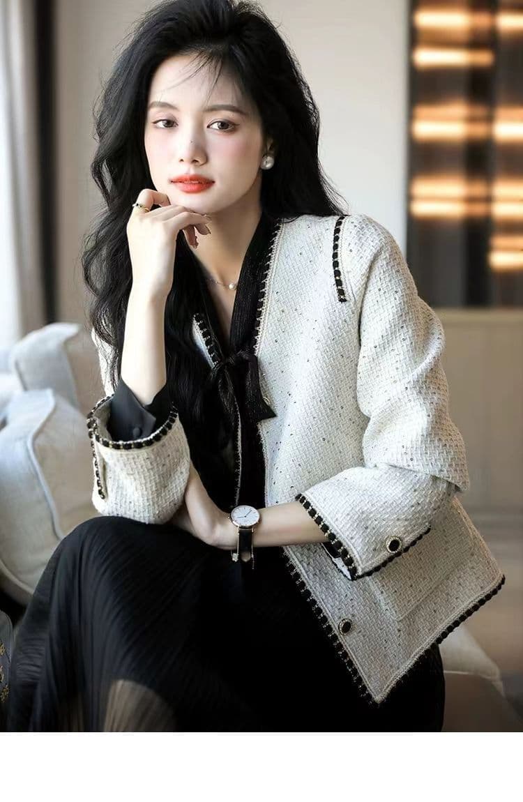 명문 여성 요정 가스 2026 봄 새로운 샤오시엔 명문 여성 바람 품격 우아함 스팽글 짧은 외투 미니멀리즘 패션 상세 이미지 6