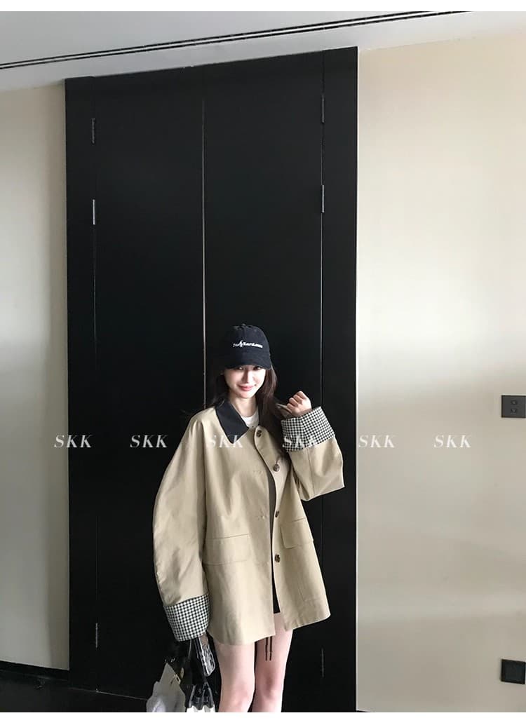skk store 높음 지혜 바 En 바람 카키 색 바람막이 배색 체크무늬 패치워크 쇼트 스타일 루즈핏 여성 코트 가을 상세 이미지 32