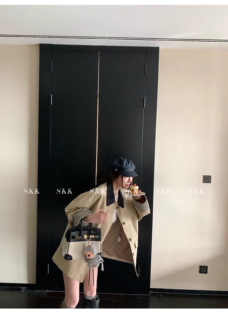skk store 높음 지혜 바 En 바람 카키 색 바람막이 배색 체크무늬 패치워크 쇼트 스타일 루즈핏 여성 코트 가을 상세 이미지 45