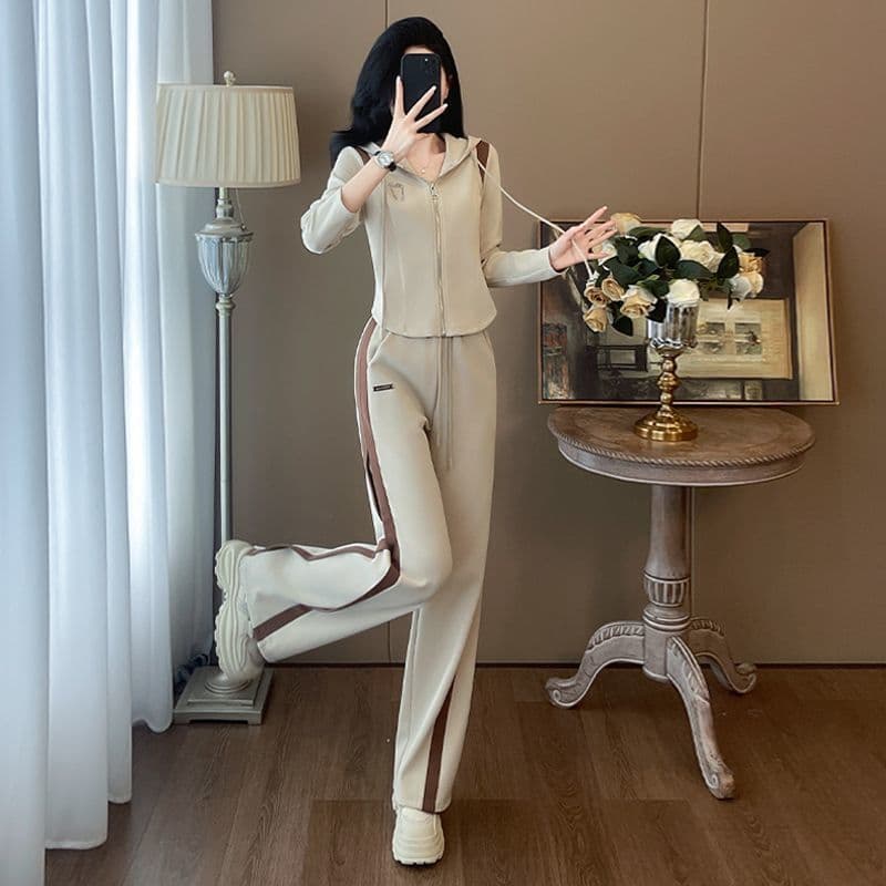 패션 캐주얼 세트 여성 이른 가을 배색 패치워크 후드 오픈 가디건 후드티 와이드 레그 팬츠 투피스 세트 트렌디 890 이미지 2