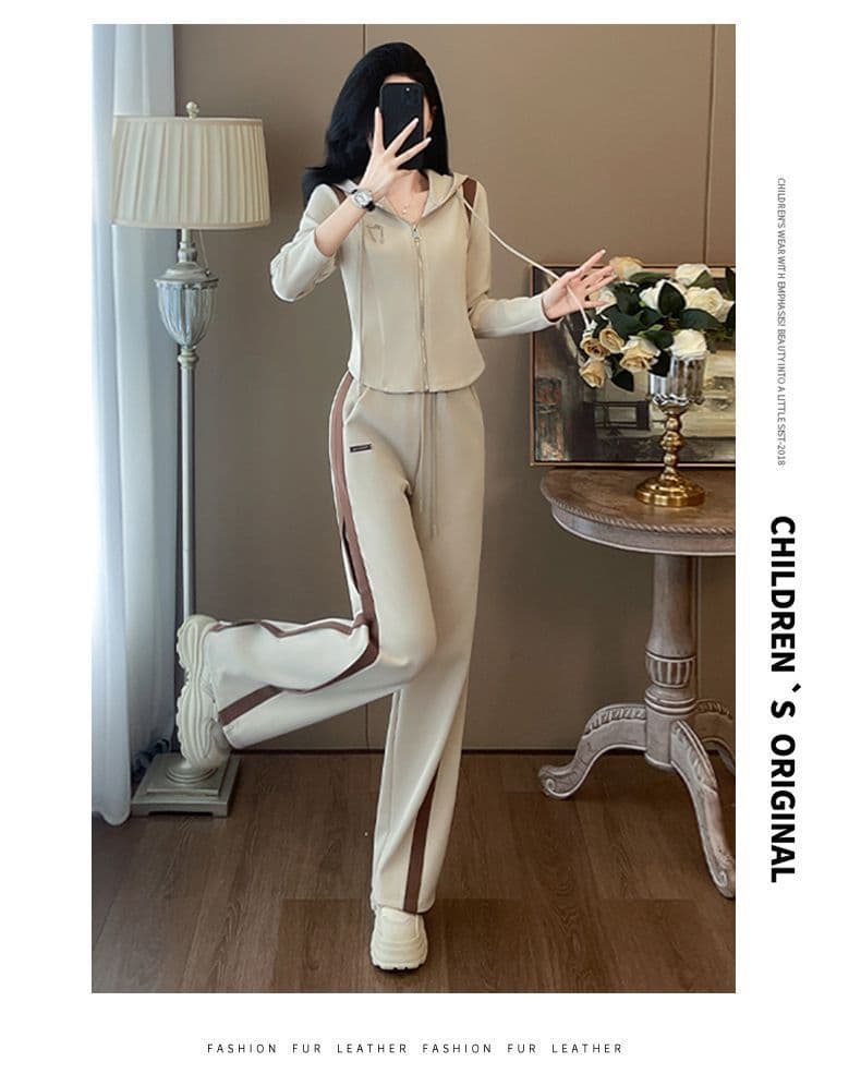 패션 캐주얼 세트 여성 이른 가을 배색 패치워크 후드 오픈 가디건 후드티 와이드 레그 팬츠 투피스 세트 트렌디 890 상세 이미지 8